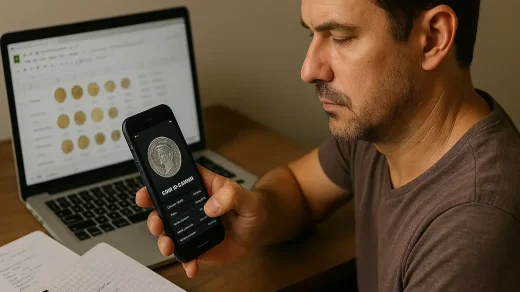 Reviewing coin data on his phone, a hobbyist syncs his digital logbook with a secure spreadsheet to manage his growing collection.