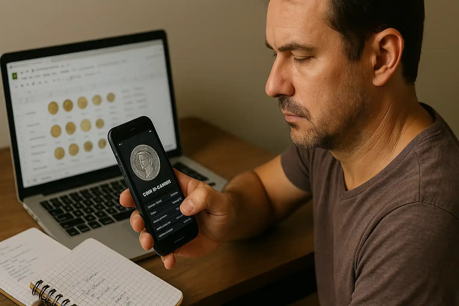 Reviewing coin data on his phone, a hobbyist syncs his digital logbook with a secure spreadsheet to manage his growing collection.