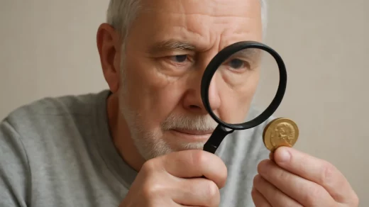 A middle-aged man examines a coin through a magnifying glass, focusing on the details to assess its potential value.