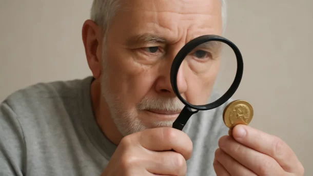 A middle-aged man examines a coin through a magnifying glass, focusing on the details to assess its potential value.