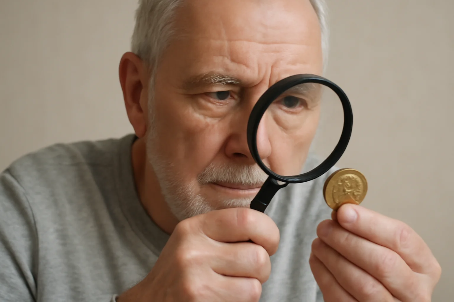 A middle-aged man examines a coin through a magnifying glass, focusing on the details to assess its potential value.