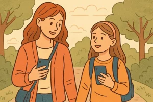 Mother and daughter are walking together, holding smartphones in their hands.
