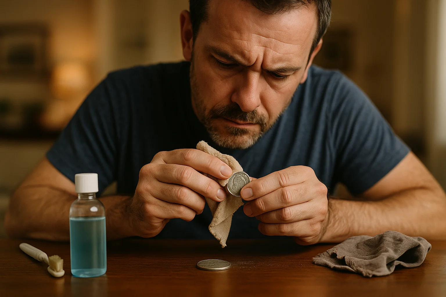 A man attempts to clean a silver coin with a cloth while surrounded by harmful cleaning tools, illustrating how polishing and friction permanently damage a coin’s surface.