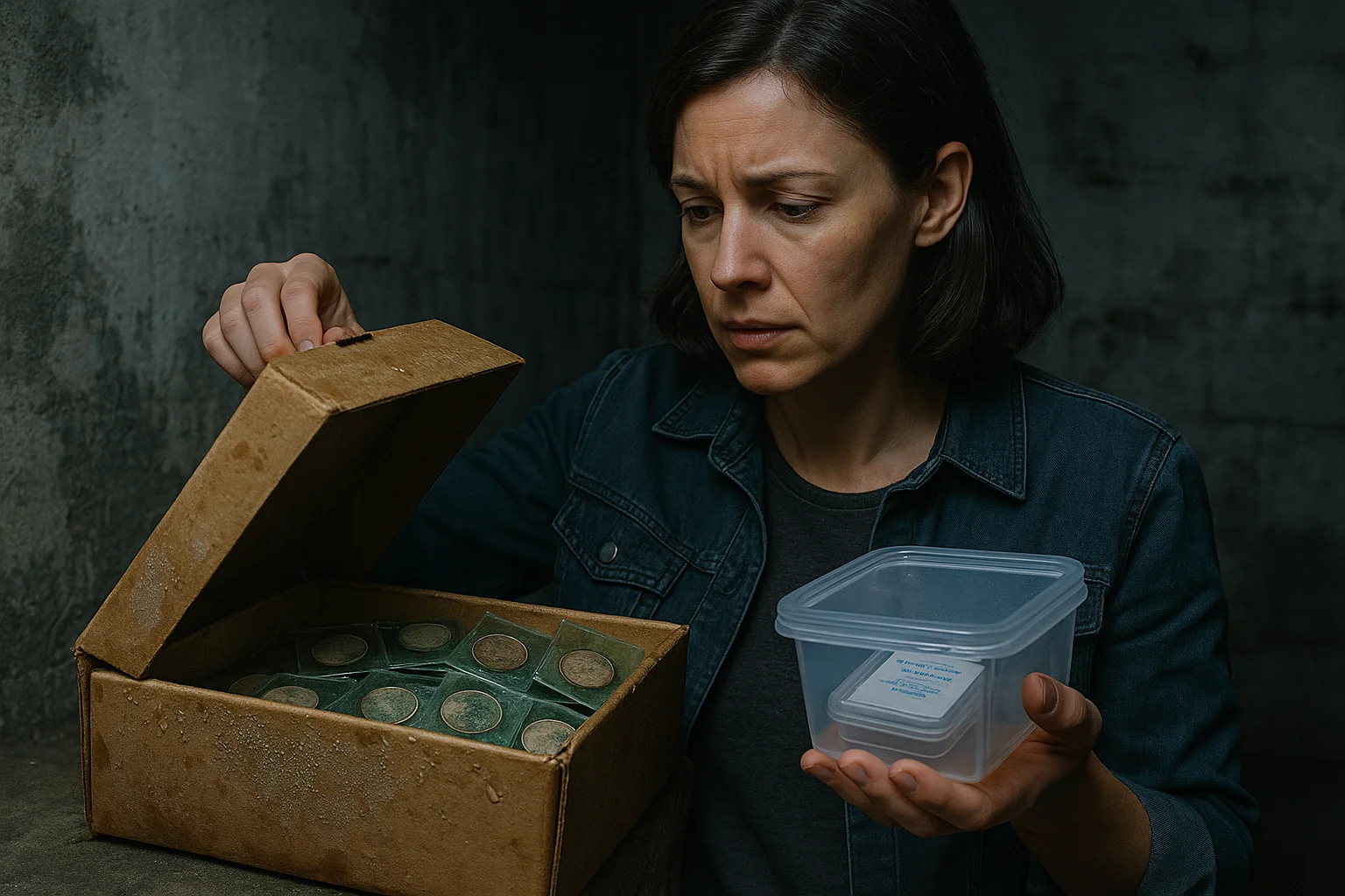 A woman discovers corroded coins stored in PVC flips inside a damp basement box, highlighting how poor storage conditions accelerate long-term deterioration.