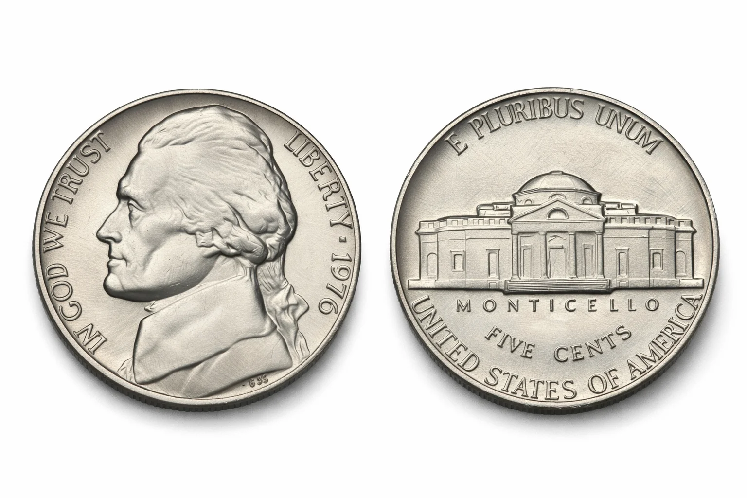 Obverse and reverse of a 1976 Jefferson nickel with clear Monticello detail.