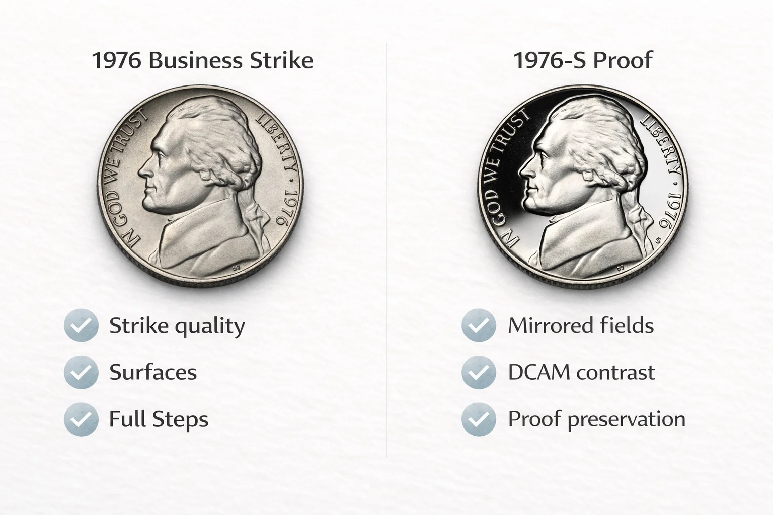 Infographic comparing 1976 Jefferson nickel business strike and 1976-S proof features.